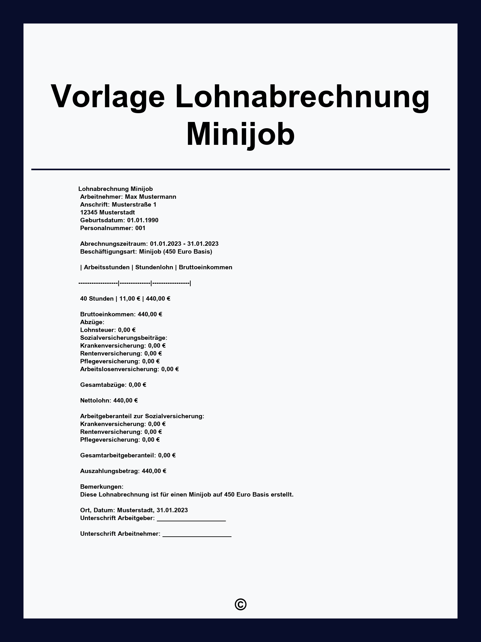 Vorlage Lohnabrechnung Minijob