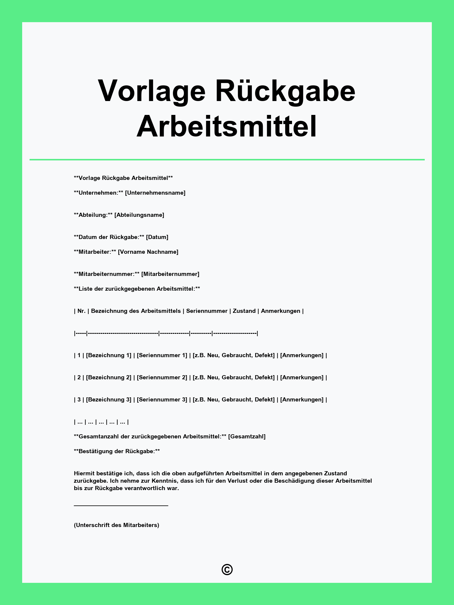 Vorlage Rückgabe Arbeitsmittel